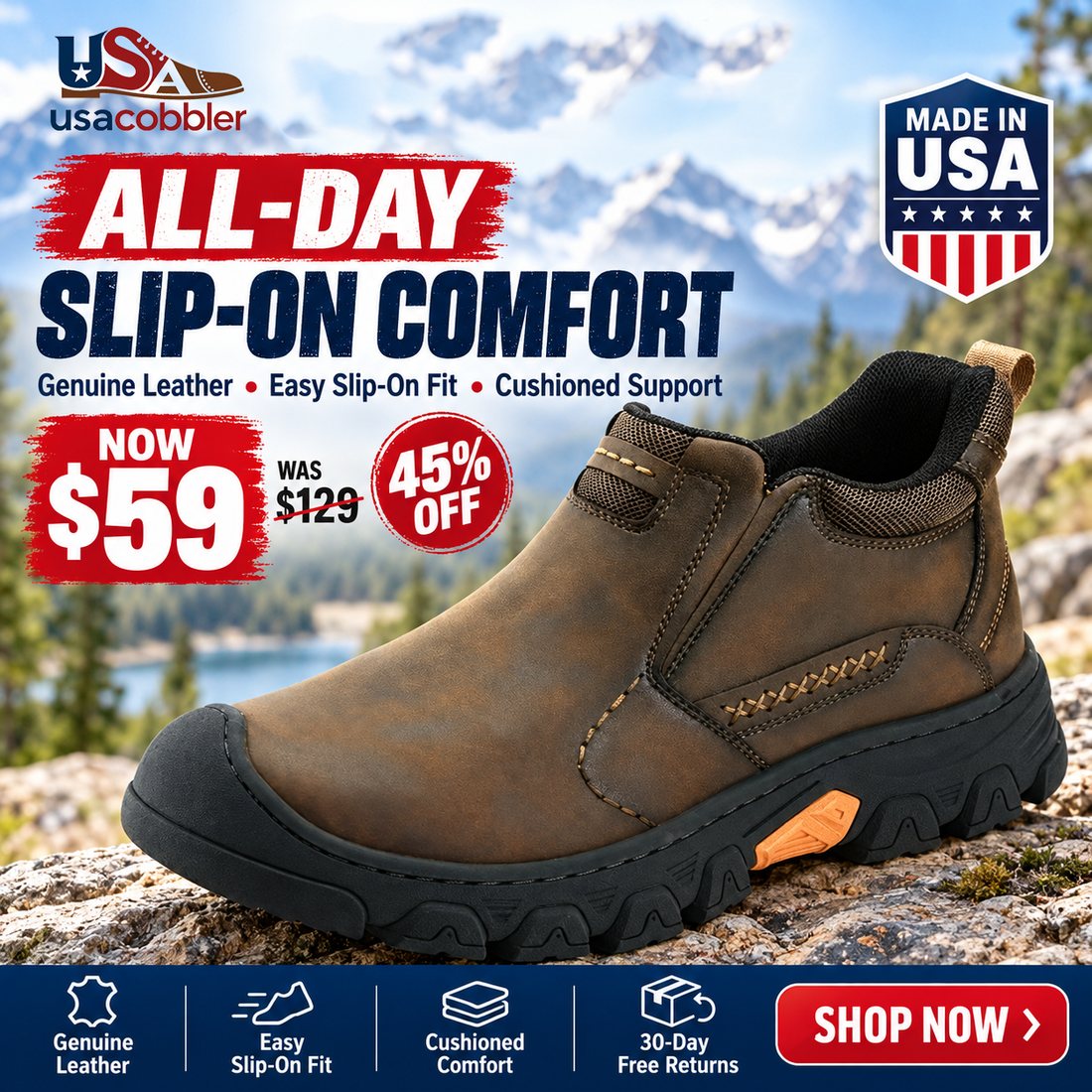 USA Cobbler® Men’s Genuine Leather Slip-On Outdoor Walking Shoes - Image 2