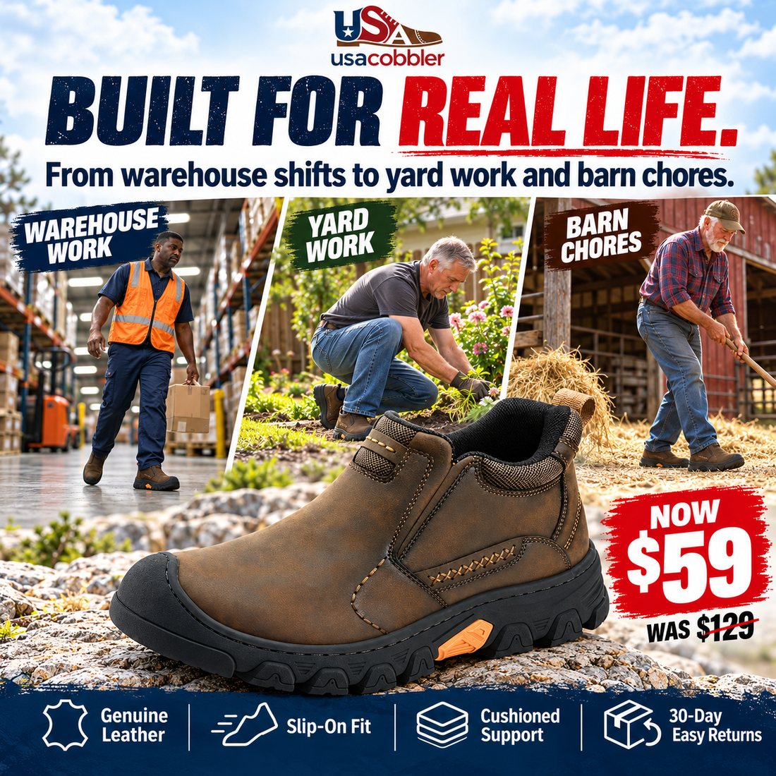 USA Cobbler® Men's Genuine Leather Slip-On Work & Outdoor Walking Shoes - Image 2