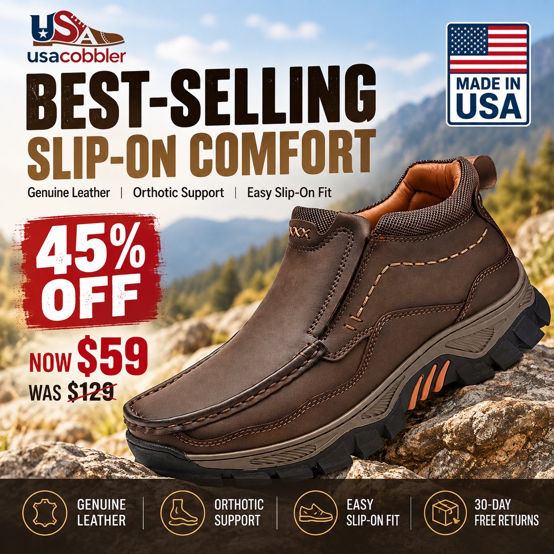 USA Cobbler®Men's Handmade Genuine Leather Orthopedic Comfortable Walking Boots - Image 2