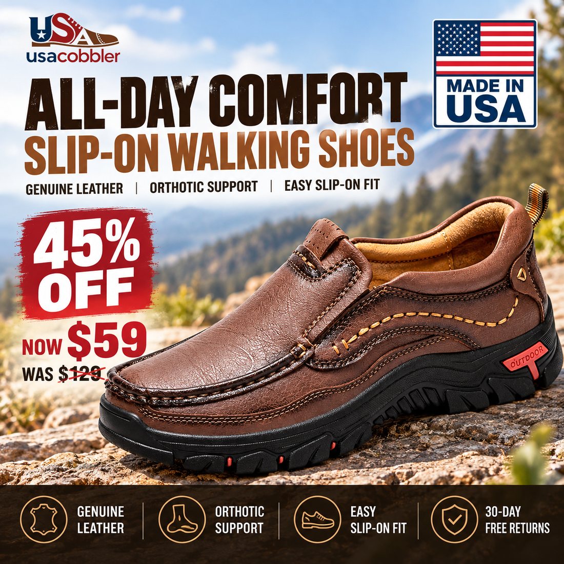 USA Cobbler®Men's Handmade Genuine Leather Orthopedic Walking Shoes - Image 2